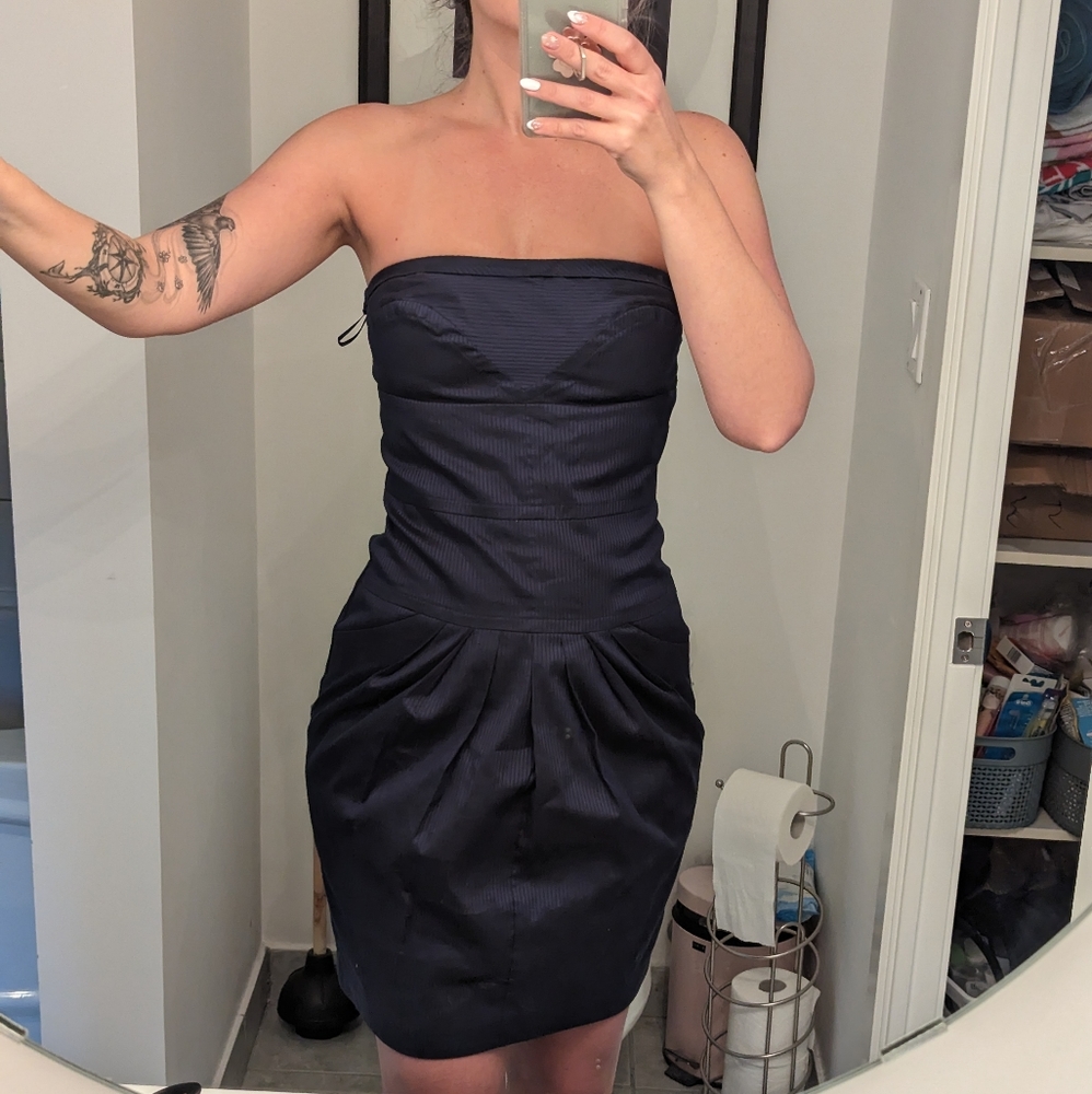 Navy Blue fitted strapless dress with pockets